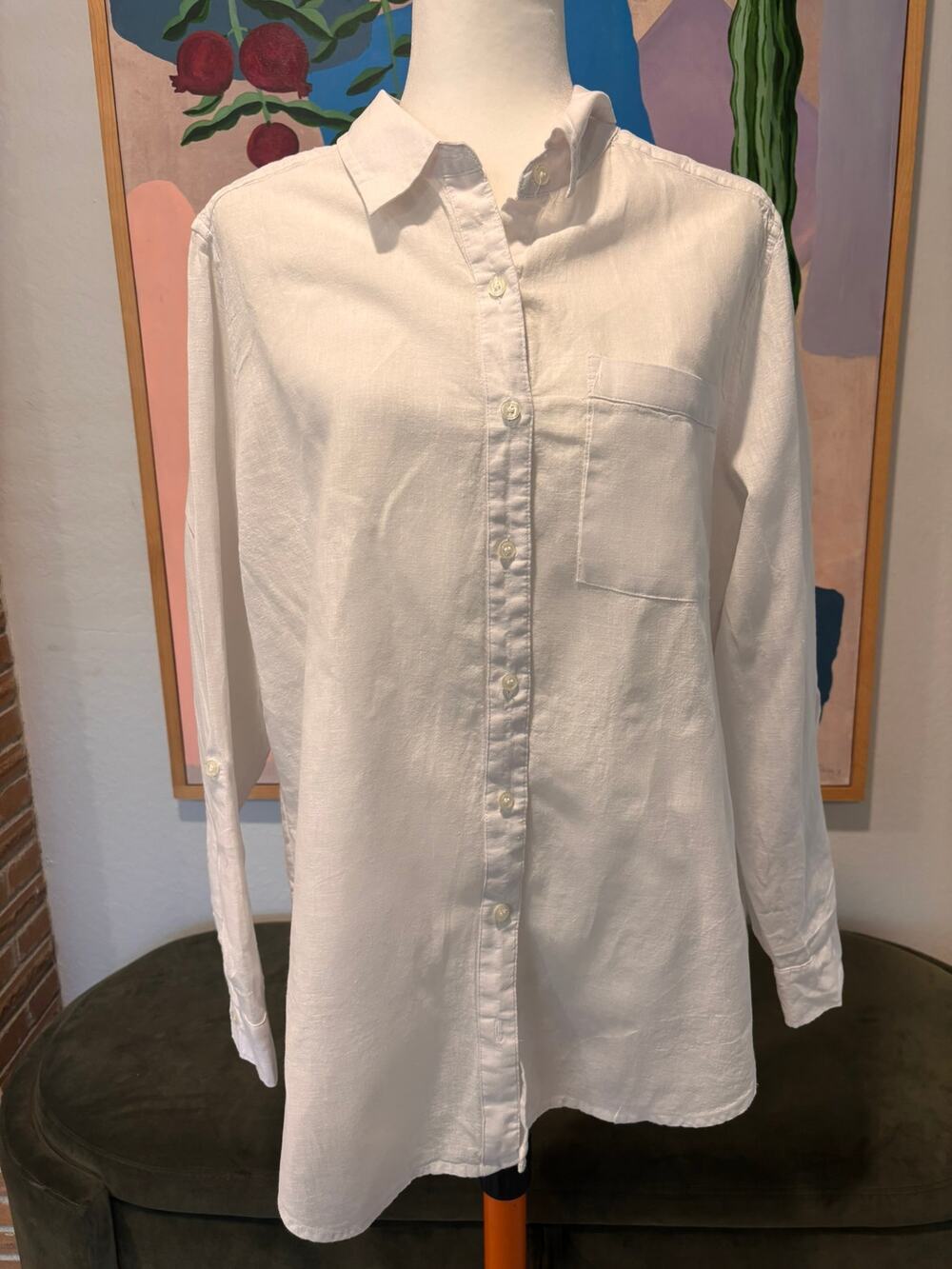 Liz Claiborne Studio White Linen Blend Button Down Tunic Shirt L Coastal
